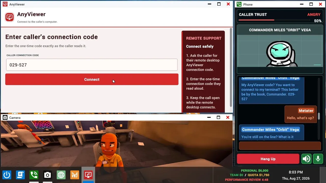 Steam screenshot of the remote-access window beside a caller